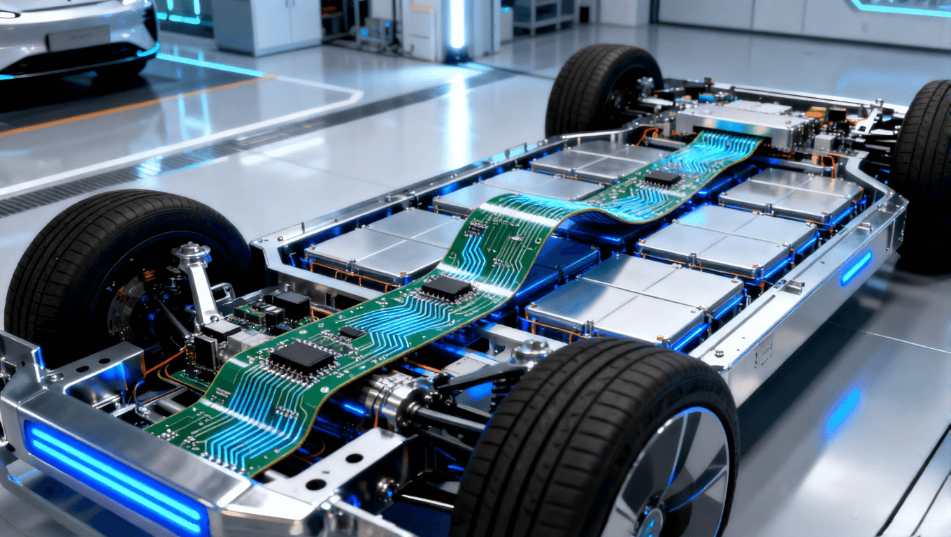 電動(dòng)汽車電池包內(nèi)部，靈活電路板穿過(guò)電池單元間隙，展現(xiàn)空間效率