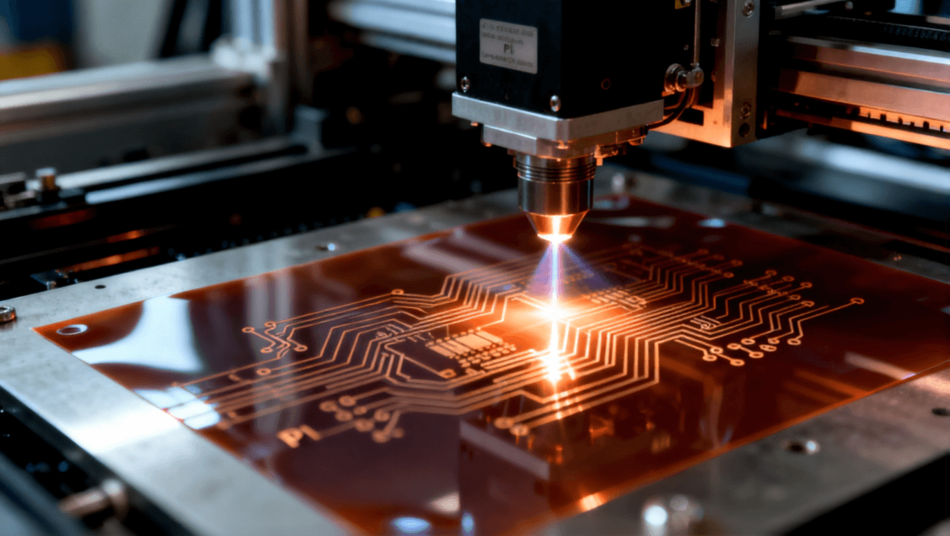 工業(yè)環(huán)境下的激光直接成型工藝，激光束在 PI 薄膜上精確形成電路