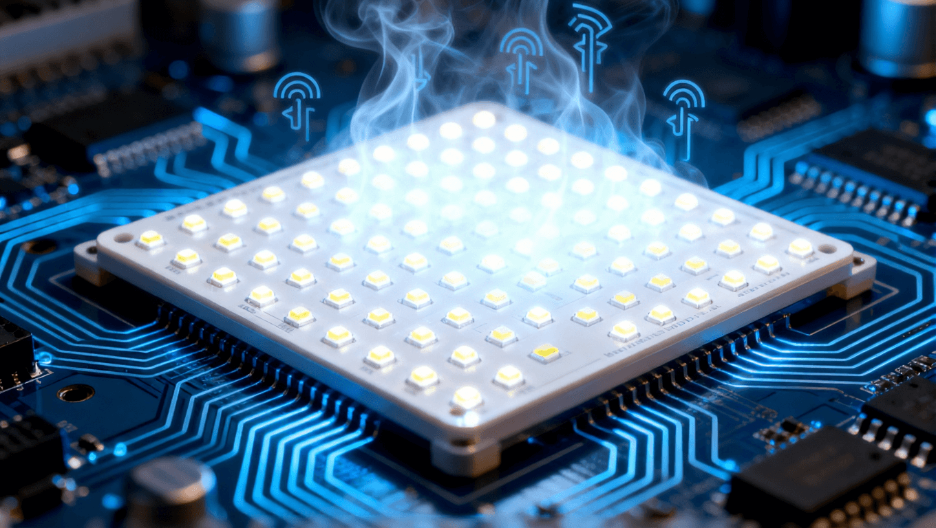 LED面板與高導電電路板，LED燈發(fā)光，散熱符號，清涼環(huán)境光，熱流線圍繞電路板