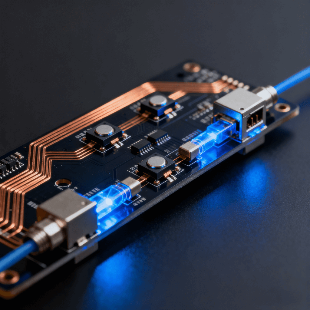 高頻光模塊PCB細(xì)節(jié)圖，展現(xiàn)激光器件和光電轉(zhuǎn)換元件布局