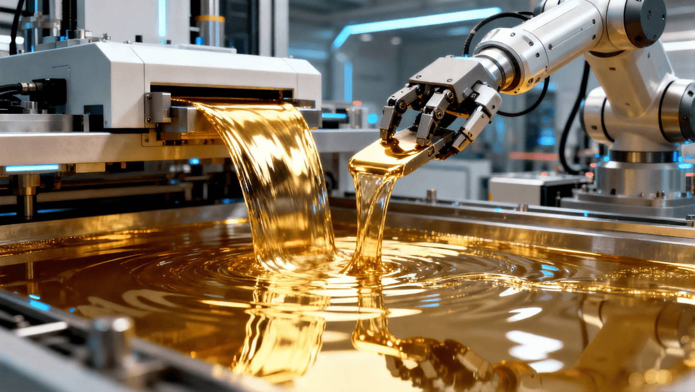 未來高科技的PCB鍍鎳金工藝，展示無氰鍍金技術(shù)與自動(dòng)化生產(chǎn)線，機(jī)器人臂操作現(xiàn)代化設(shè)備