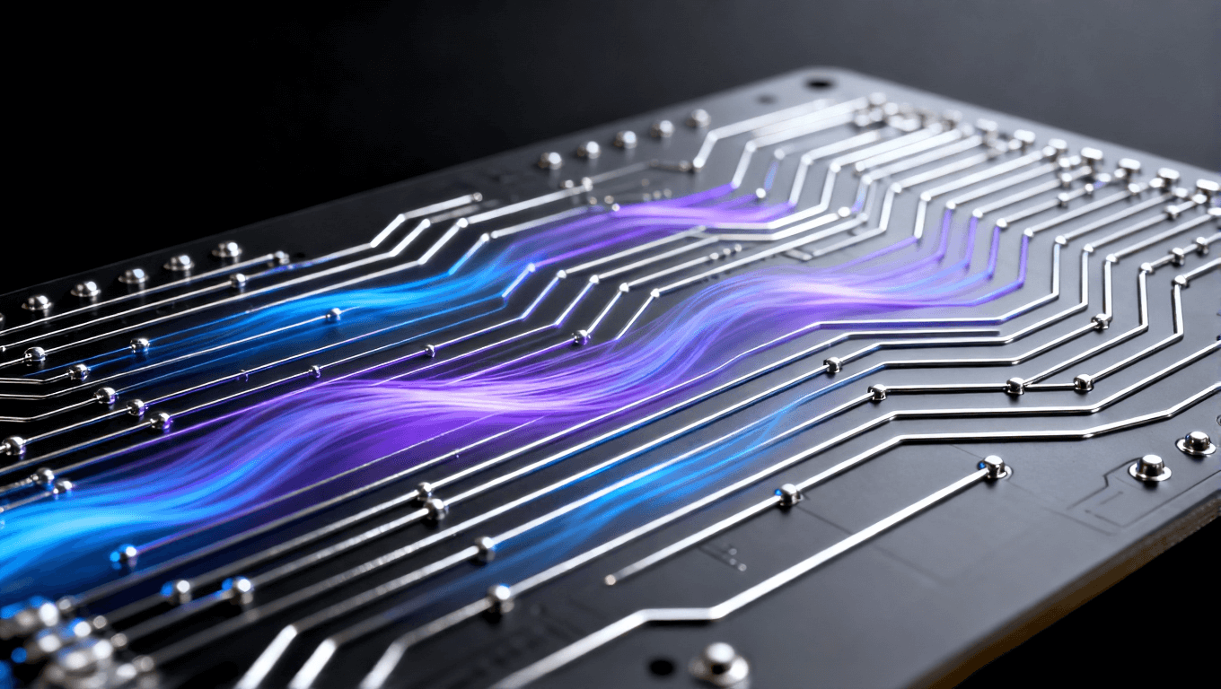 深灰色 PCB 板特寫 藍(lán)紫色光帶模擬高頻信號穩(wěn)定傳輸 深灰色 PCB 板特寫 藍(lán)紫色光帶模擬高頻信號穩(wěn)定傳輸