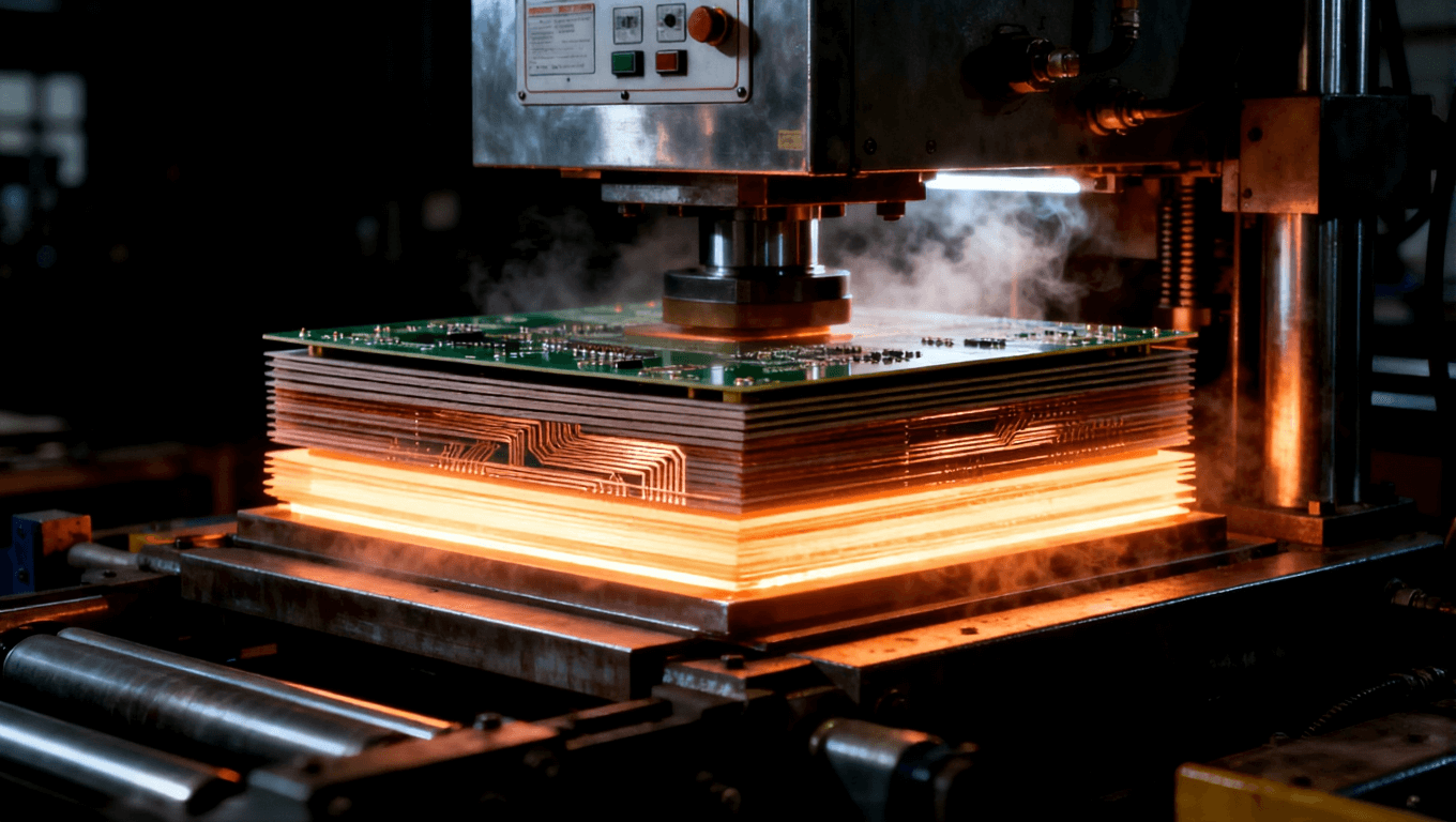 高溫高壓PCB層壓過(guò)程，展示PCB層間的精準(zhǔn)壓合和高壓設(shè)備
