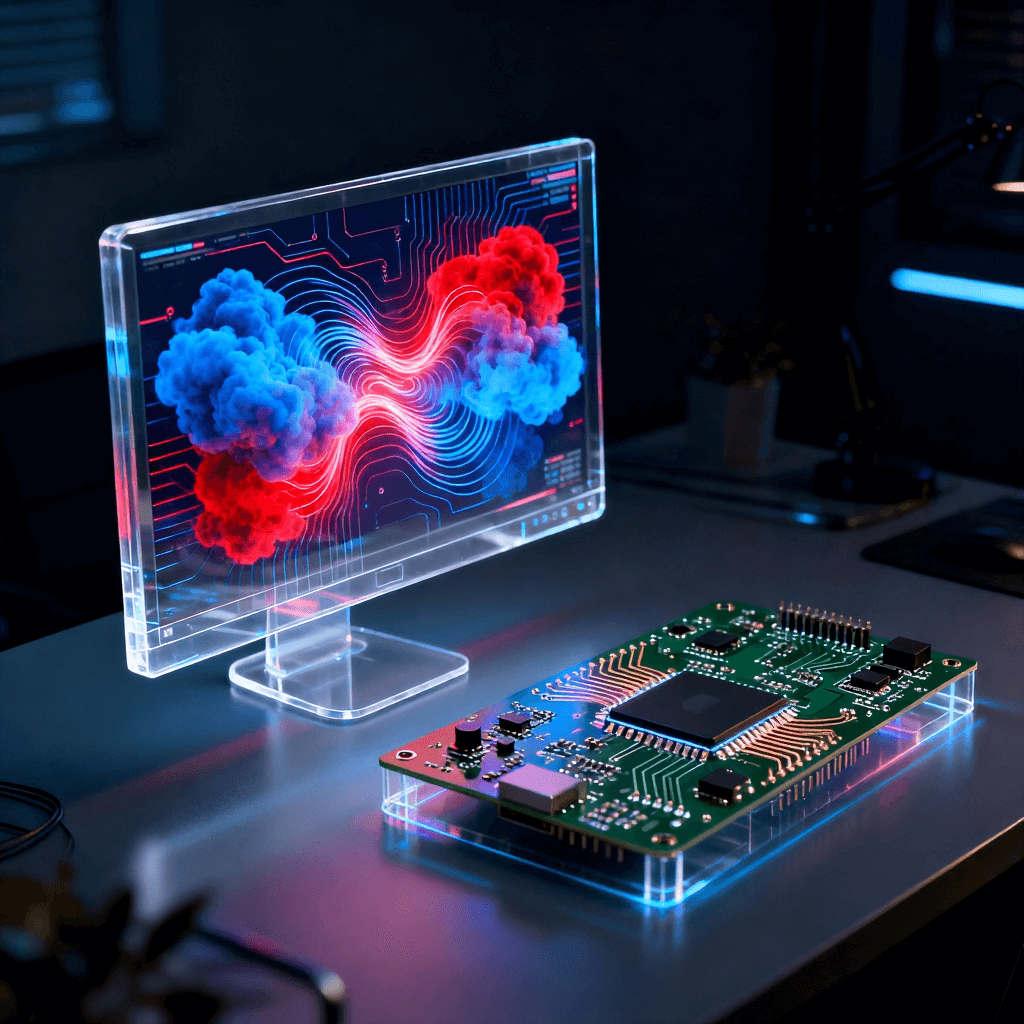 射頻電路設(shè)計(jì)中的電磁仿真軟件界面與實(shí)體電路板原型對(duì)比分析場(chǎng)景