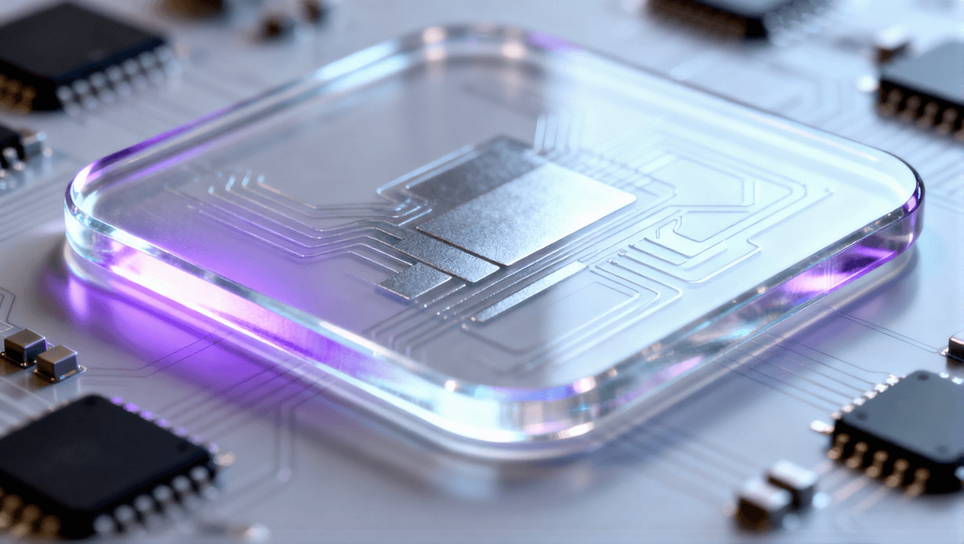 半透明玻璃封裝基板內(nèi)部隱約可見金屬線路布局且環(huán)繞著微型芯片