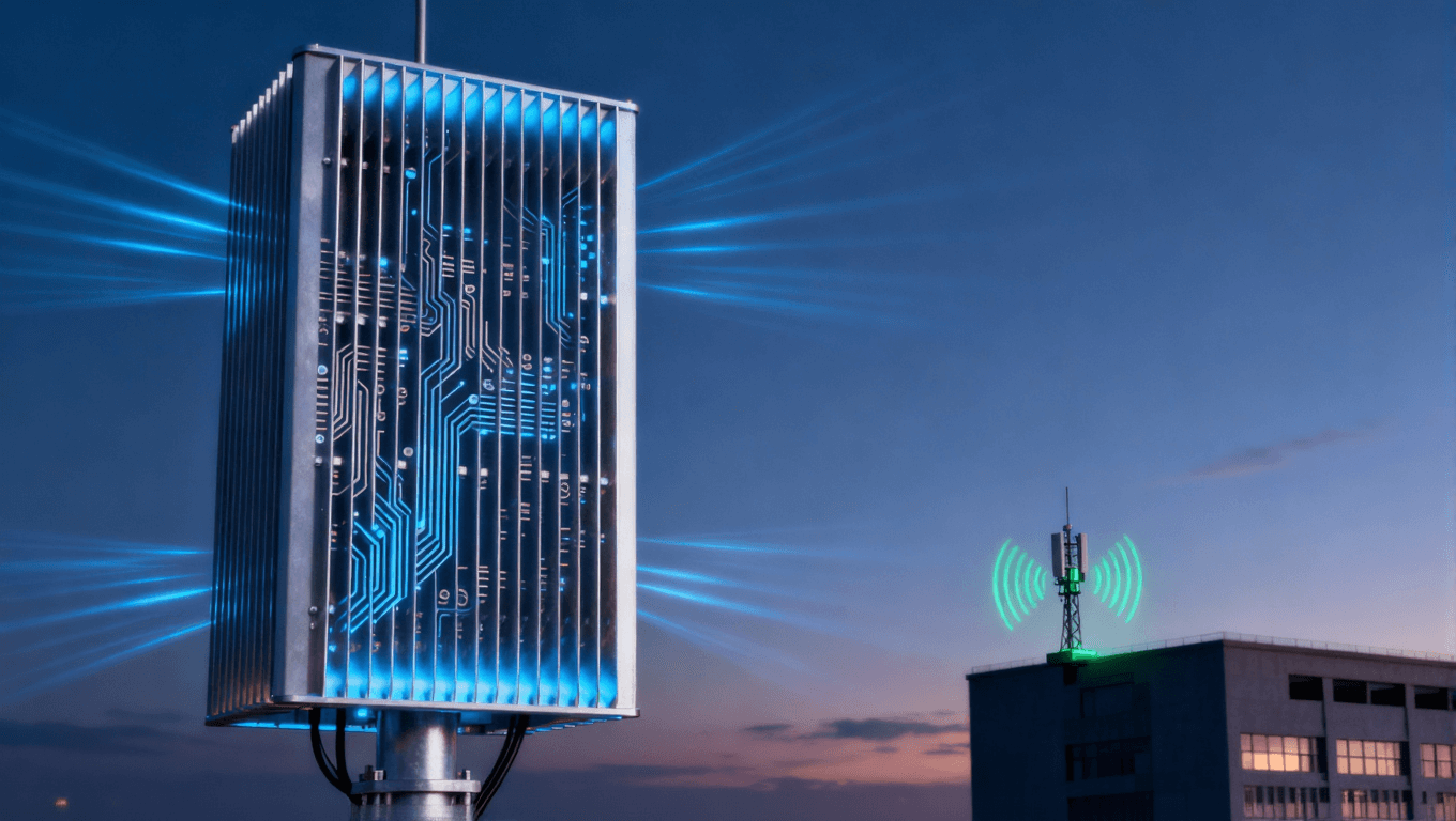 5G宏基站與微基站天線在黃昏環(huán)境下的工作場景，藍色與綠色信號波束展示不同覆蓋需求