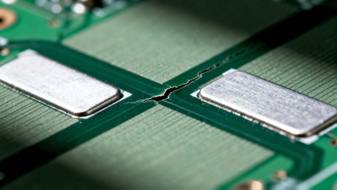 PCB板上阻焊橋出現(xiàn)裂紋與翹起的微距特寫，展示工藝缺陷問題