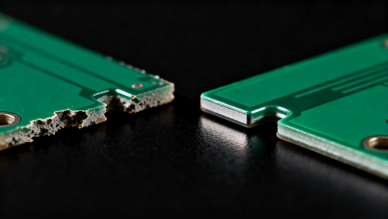 PCB阻焊橋工藝優(yōu)化前后效果對比微距照片，左為問題板，右為優(yōu)化后良品