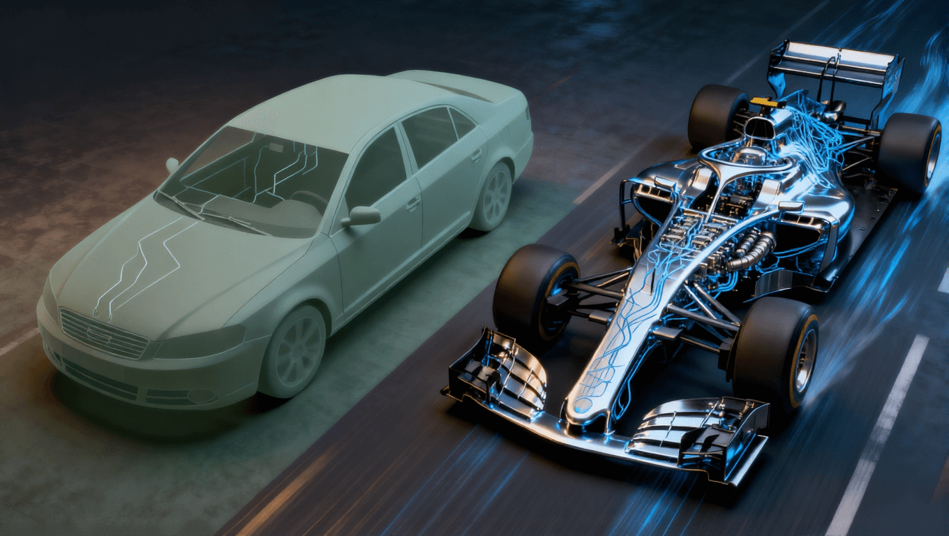 AI服務(wù)器PCB與普通PCB算力分級對比視覺圖，通過轎車與賽車的比喻展示性能與設(shè)計復(fù)雜度差異