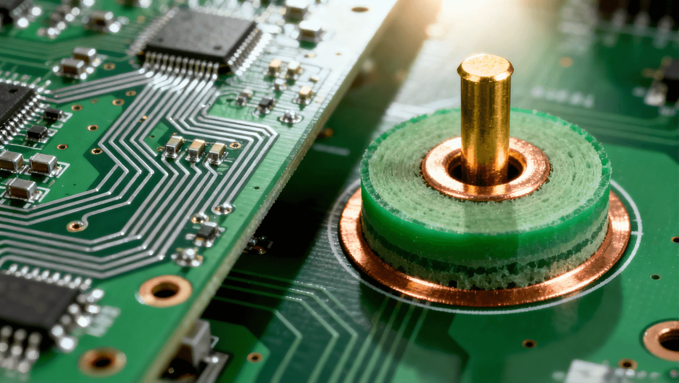 PCB一階過(guò)孔橫截面結(jié)構(gòu)示意圖，展示過(guò)孔貫穿所有層且僅頂層底層有焊盤