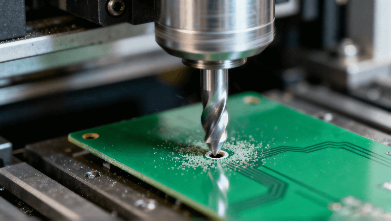 數(shù)控鉆頭在PCB板上鉆孔的瞬間，展示一階過(guò)孔制造工藝