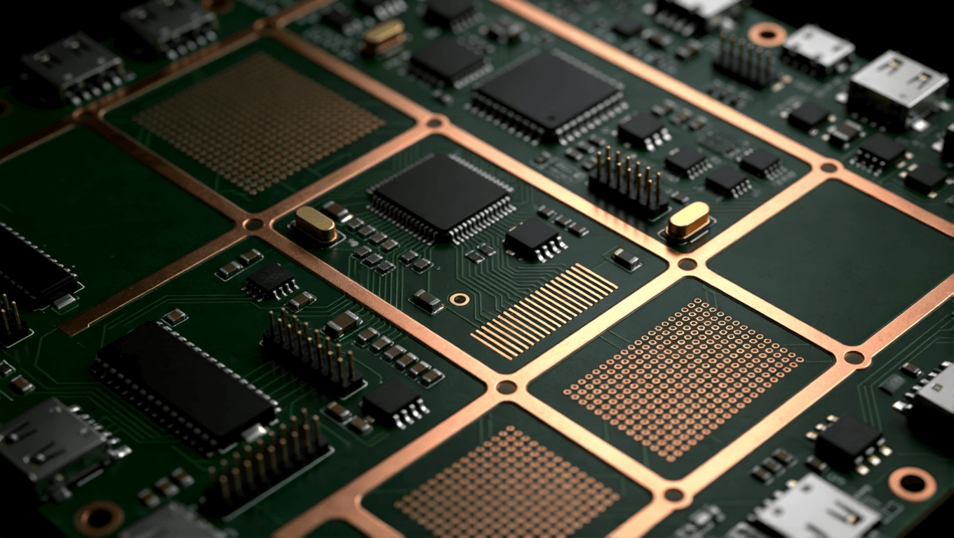 機(jī)器人主控板精密分區(qū)布局與散熱設(shè)計(jì)的俯視示意圖，體現(xiàn)高密度布線的秩序與規(guī)劃