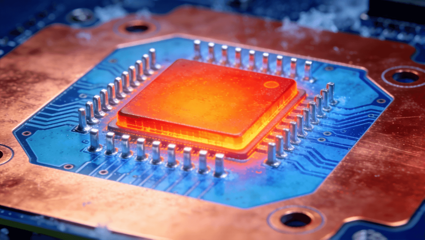 機(jī)器人主控板熱管理設(shè)計(jì)的熱成像效果圖，可視化高密度集成下的散熱路徑與效率