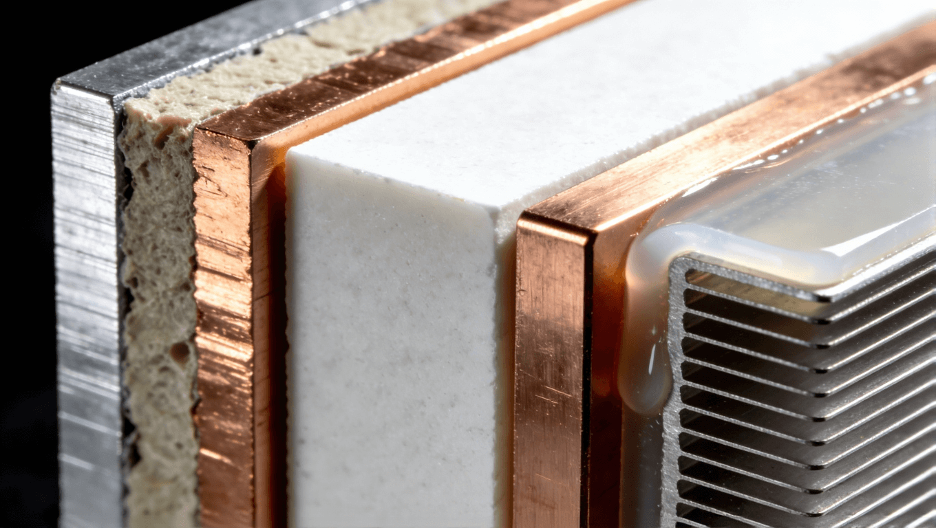 儲能PCB常用高導(dǎo)熱基板與散熱材料展示，包括鋁基、陶瓷基覆銅板和導(dǎo)熱硅膠