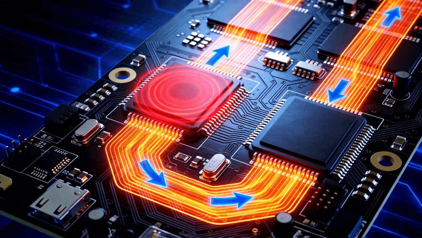 儲能PCB板熱源與傳熱路徑示意圖，展示發(fā)熱器件與熱傳導(dǎo)視覺化表達(dá)