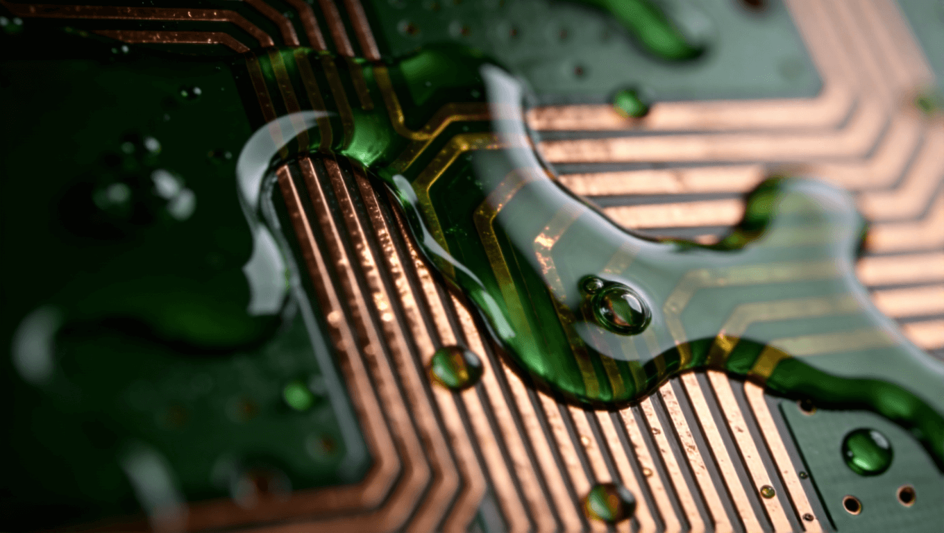 PCB阻焊層涂覆過程抽象特寫，綠色液態(tài)阻焊油在銅線上光滑鋪展，呈現(xiàn)光澤質(zhì)感與流動(dòng)紋理