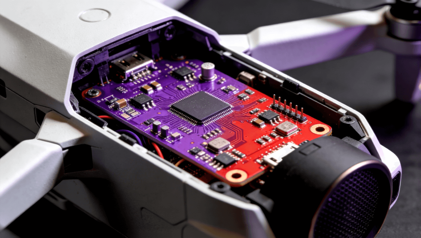 產(chǎn)品拆解藝術(shù)圖展示內(nèi)部紫色或紅色PCB板，組件布局整齊