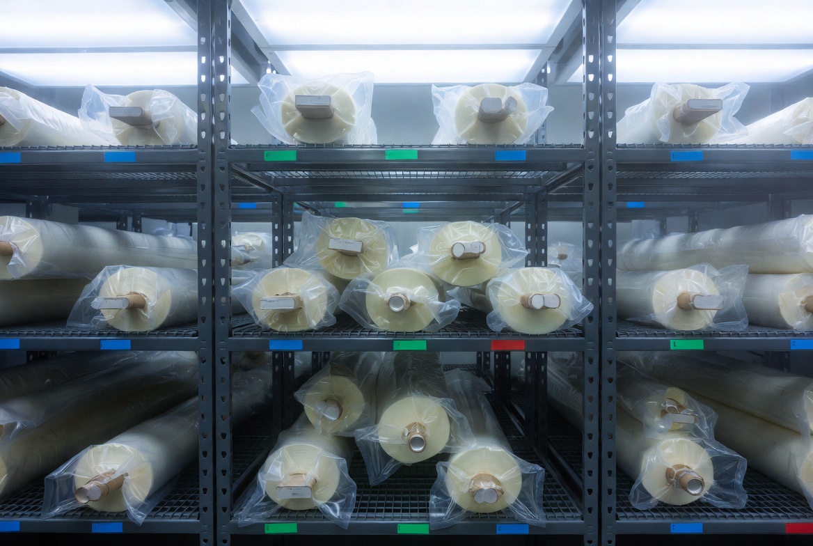 恒溫恒濕倉(cāng)庫(kù)內(nèi)存放的真空包裝半固化片卷材，表現(xiàn)適宜存儲(chǔ)環(huán)境對(duì)材料穩(wěn)定性的重要性