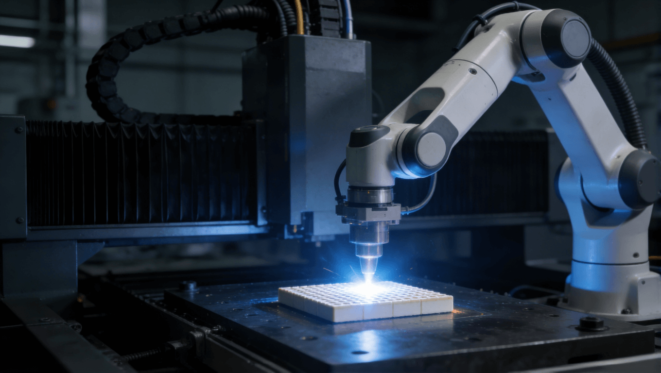 自動(dòng)化激光焊接陶瓷基板的工業(yè)場(chǎng)景，展現(xiàn)高精度、低熱應(yīng)力焊接技術(shù)的應(yīng)用
