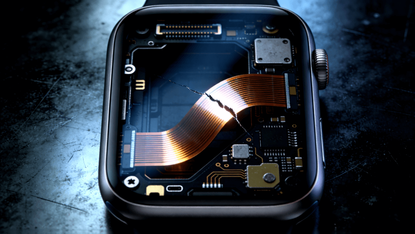 智能手表內(nèi)部軟板彎折斷裂示意圖，展示柔性電路板在彎折處的微觀裂紋與光影效果