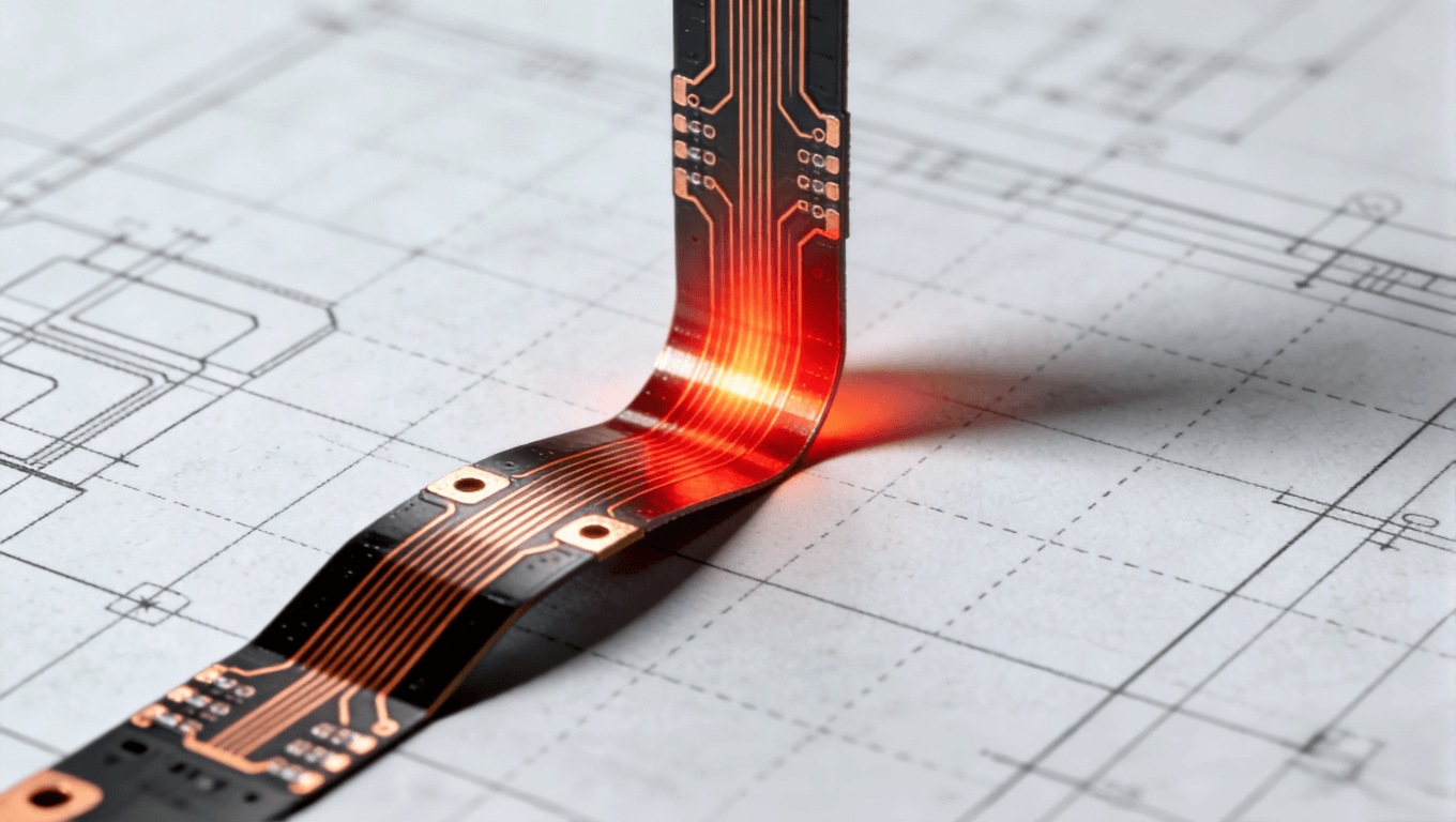 FPC走線與彎折方向垂直導(dǎo)致的應(yīng)力集中可視化圖示，紅色熱力圖突出應(yīng)力分布