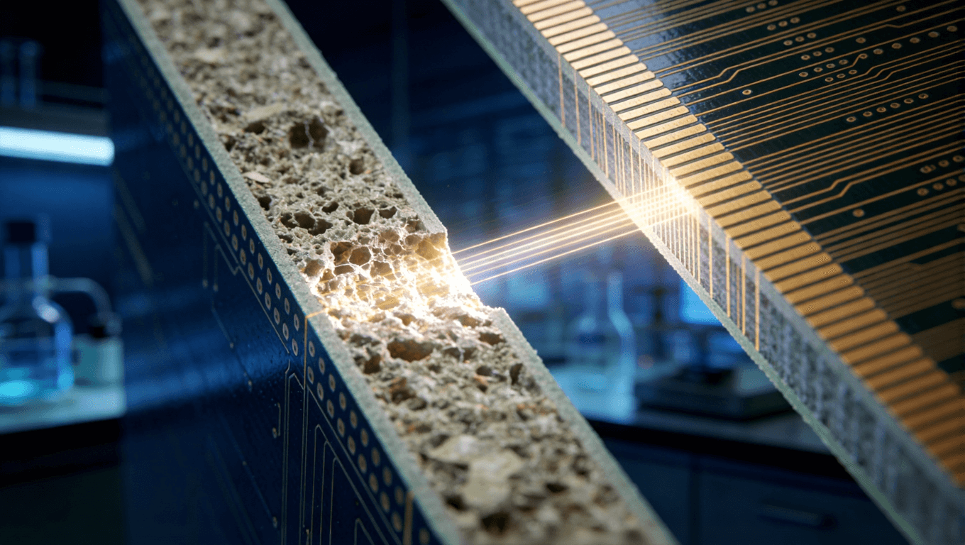 高頻板材與普通FR-4材料微觀結(jié)構(gòu)對(duì)比，展示介質(zhì)損耗差異