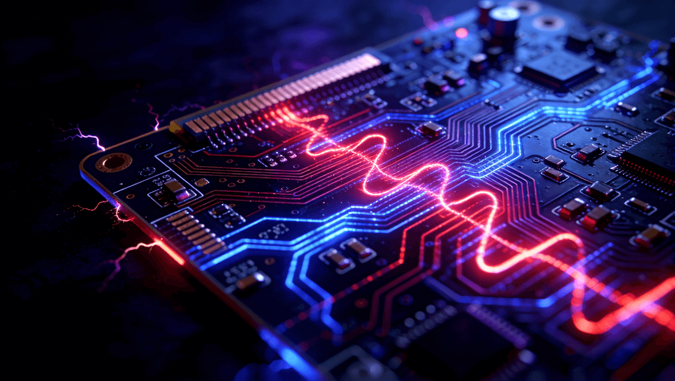 高頻電路板信號(hào)失真視覺(jué)化，展示紅色與藍(lán)色光流在PCB上扭曲波動(dòng)