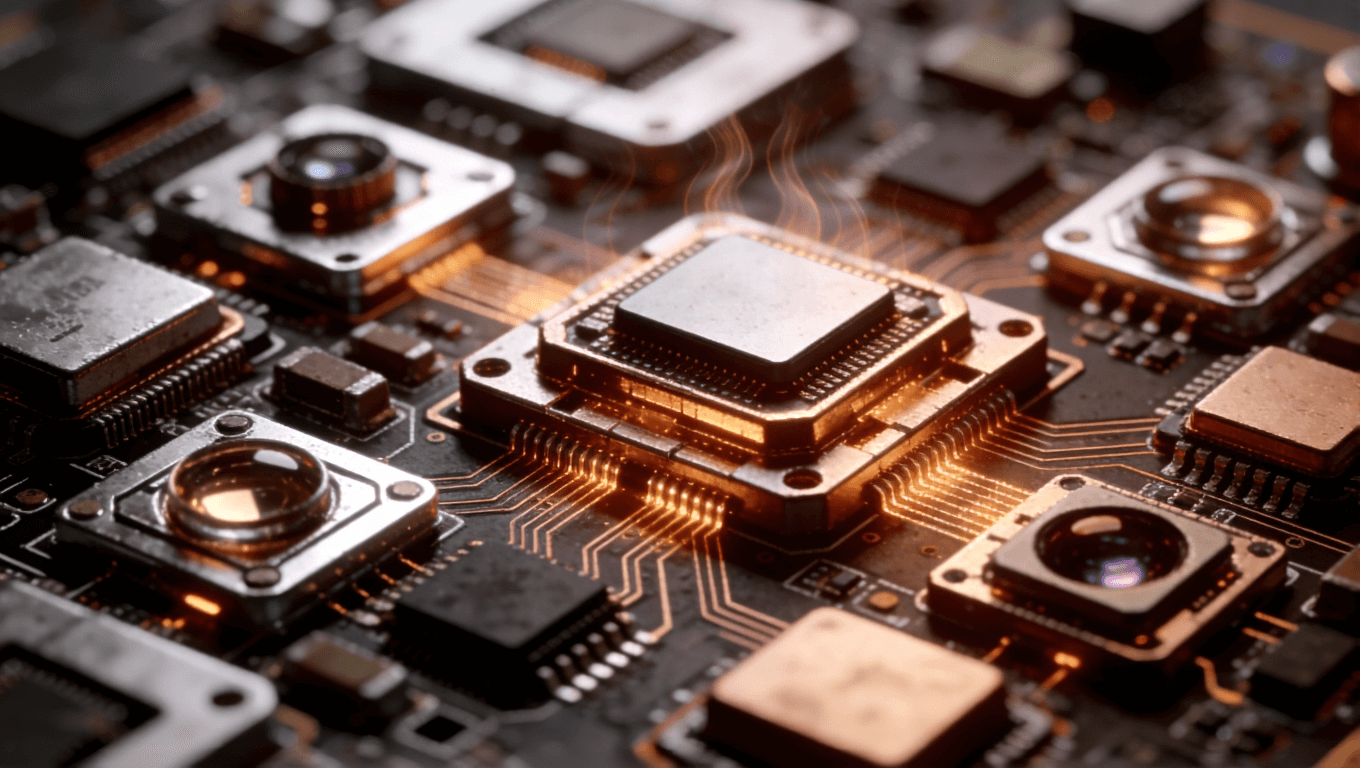 光模塊PCB精密布局與散熱設(shè)計(jì)，微型芯片密集排列，熱感視覺(jué)效果