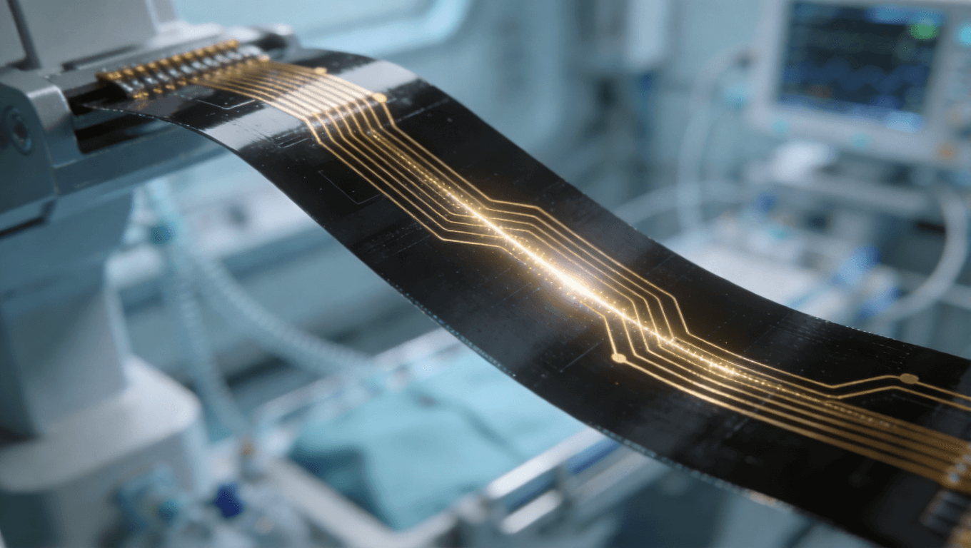 超聲探頭微型化柔性板特寫，展示高精度布線與微型化結(jié)構(gòu)，凸顯信號傳輸穩(wěn)定性