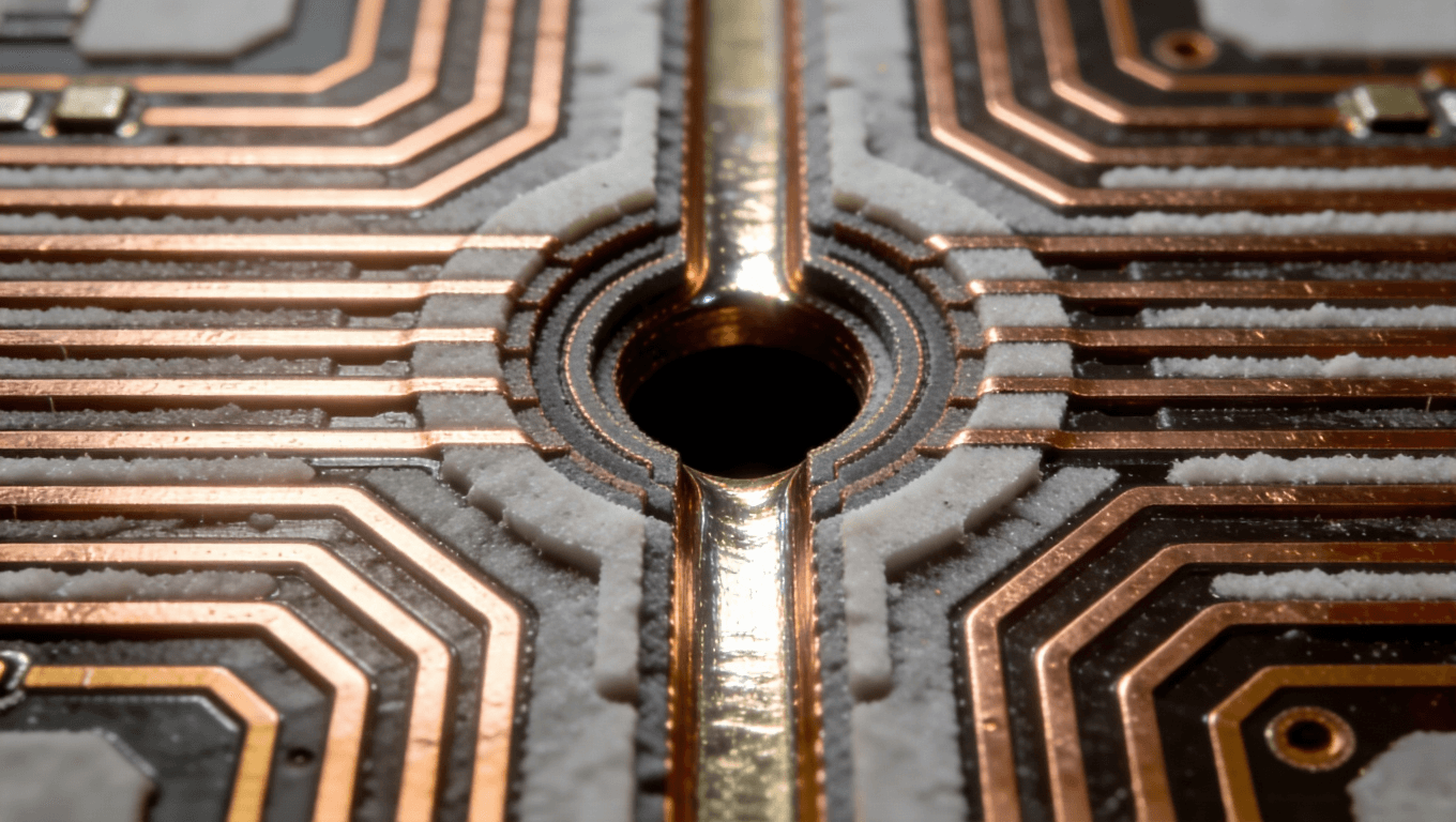 IC載板微小盲孔結(jié)構(gòu)的電子顯微鏡風(fēng)格截面視圖，展示高密度互連