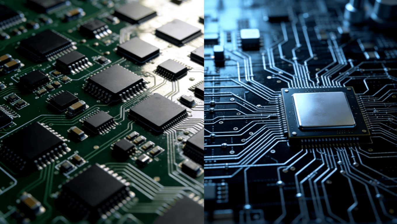傳統(tǒng)PCB作為通用電路平臺與IC載板作為芯片定制化互聯(lián)樞紐的俯視對比圖
