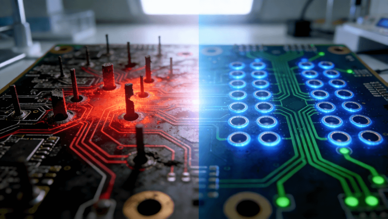 1.6T光模塊PCB過孔優(yōu)化前后對(duì)比，左側(cè)傳統(tǒng)設(shè)計(jì)問題，右側(cè)優(yōu)化后信號(hào)與熱管理改善