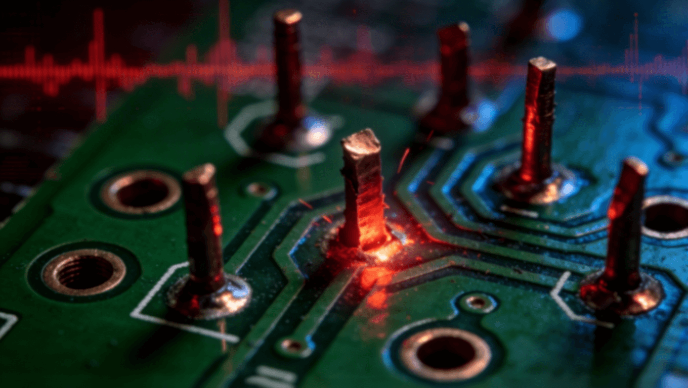 高速光模塊PCB傳統(tǒng)通孔殘樁特寫，展示via stub導(dǎo)致的信號(hào)反射與干擾問題