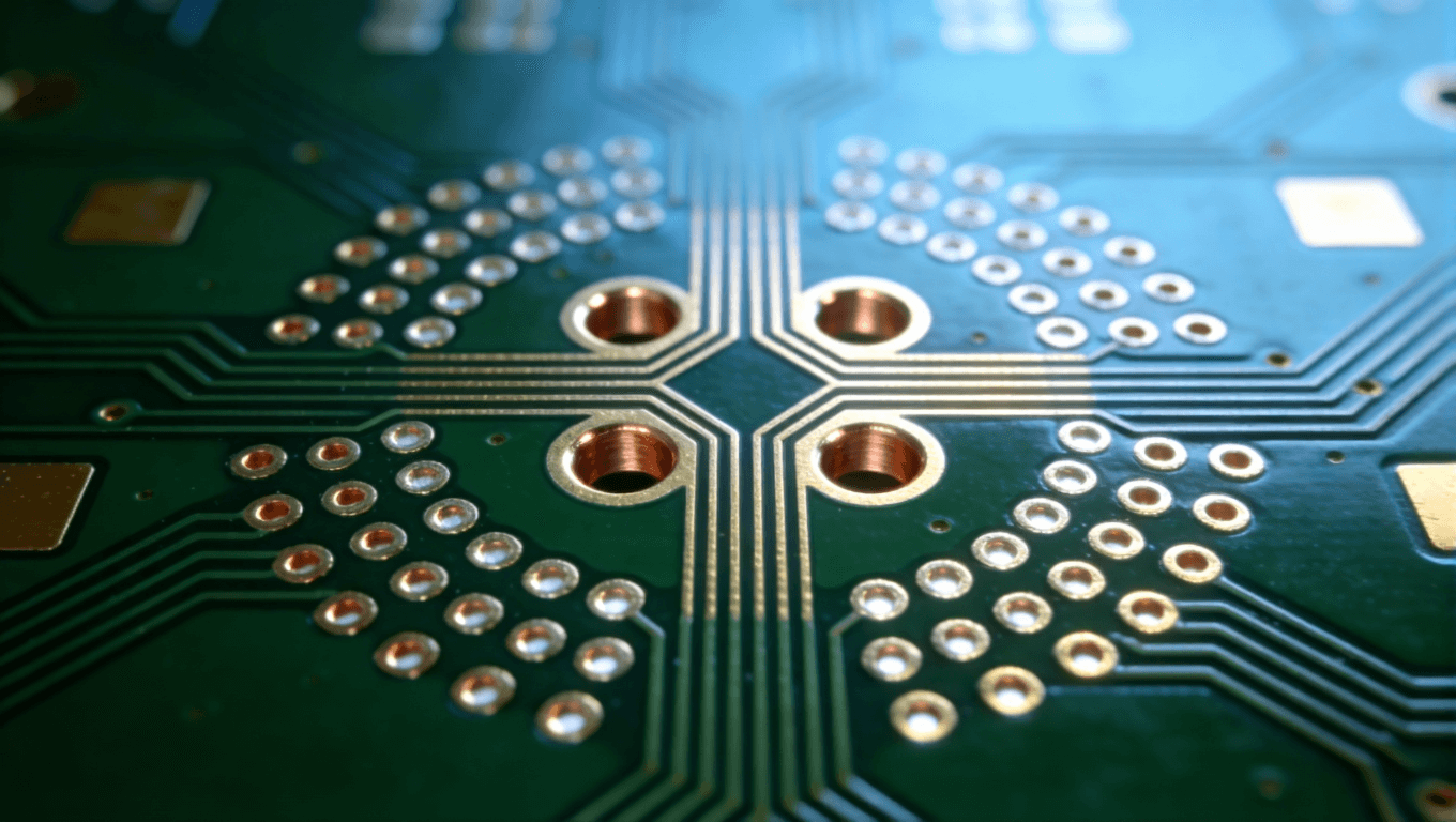 優(yōu)化后的光模塊PCB過孔設(shè)計(jì)特寫，展示激光盲孔、對(duì)稱差分對(duì)與接地屏蔽結(jié)構(gòu)