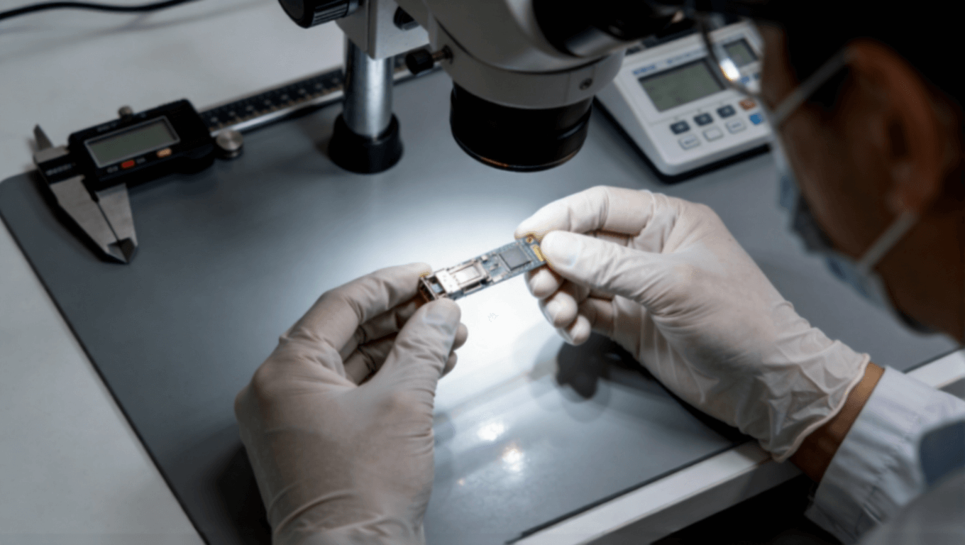 工程師在實(shí)驗(yàn)室中檢測(cè)高密度光模塊PCB樣品