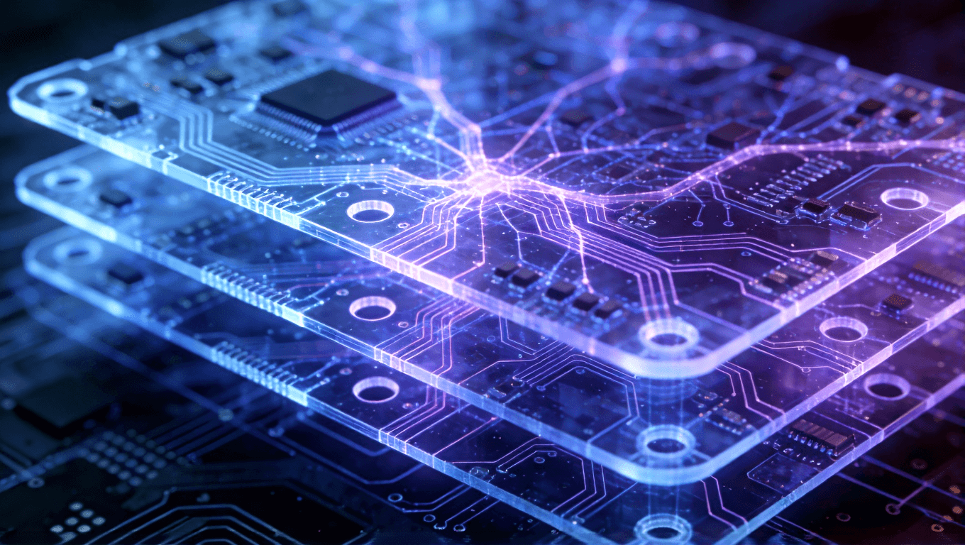 X光透視下的HDI PCB內(nèi)部結(jié)構(gòu)，展示盲埋孔與線路連接