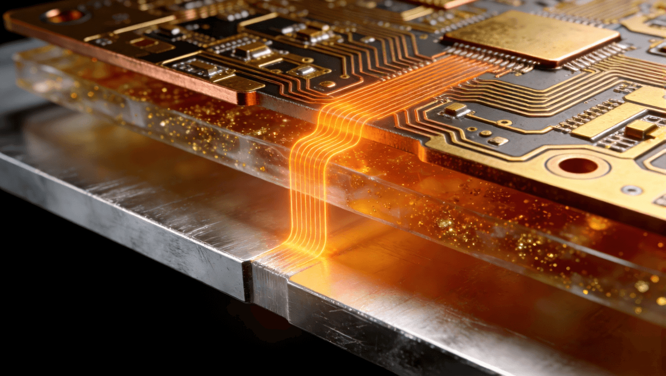 鋁基板三明治結(jié)構(gòu)3D截面渲染，清晰展示鋁層、絕緣層、電路層及穿透的橙色熱流