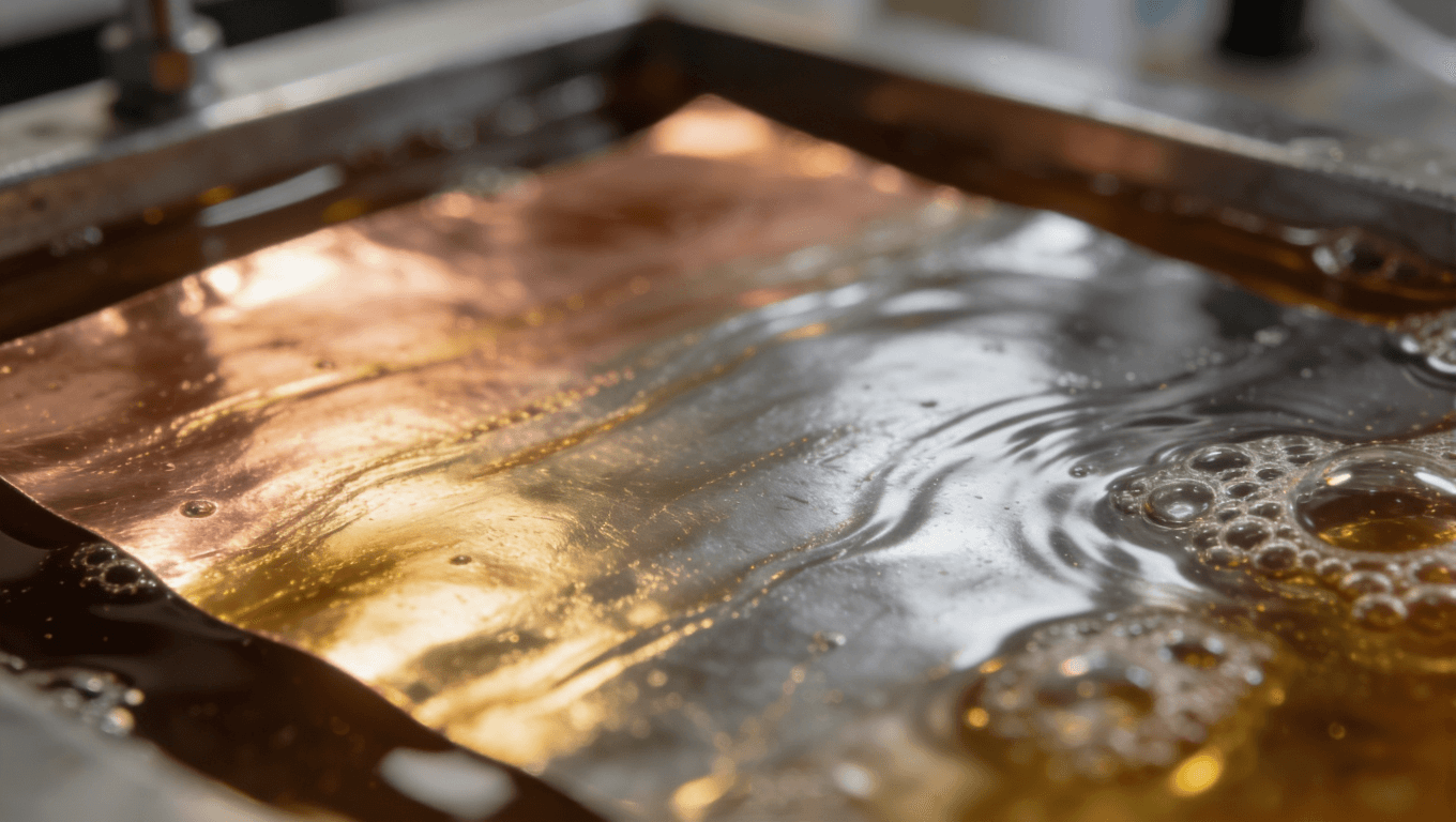 沉金工藝化學(xué)沉積過(guò)程微距視圖，展示鎳層與金層的形成