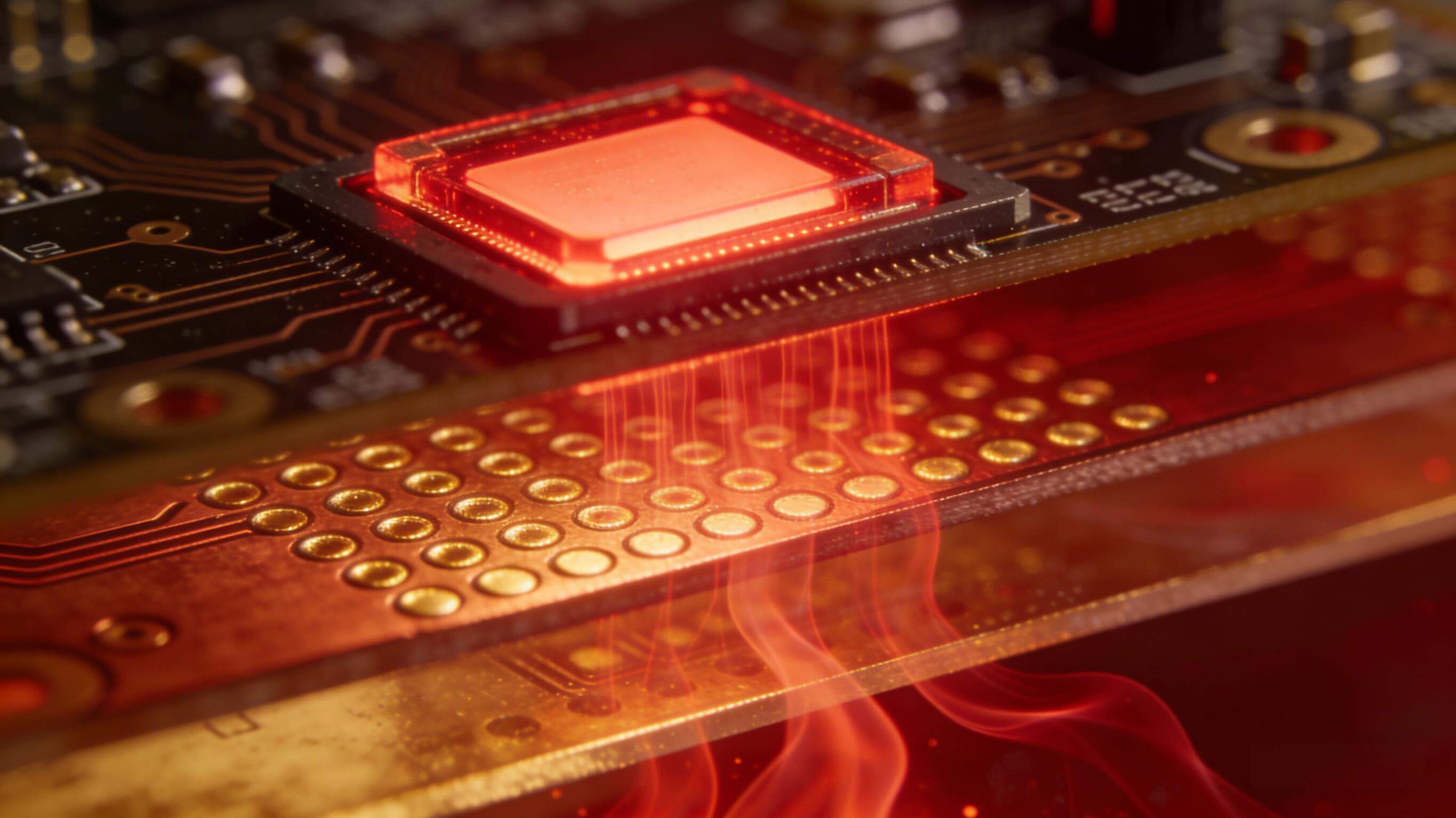 COB光模塊PCB散熱原理微距特寫，激光器芯片熱量通過熱過孔向下傳導